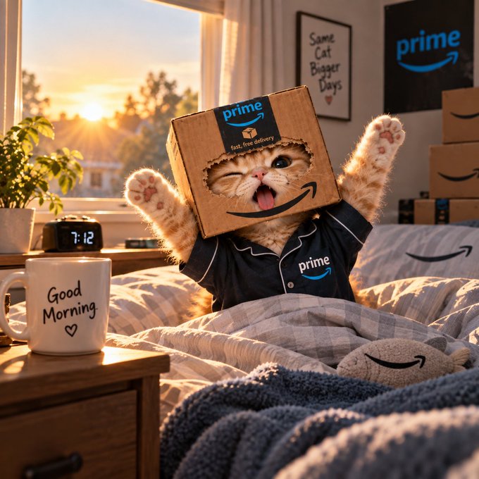 An AI-generated image of a cat wearing pajamas and a cardboard box with the 'prime' logo, sitting in bed next to a 'Good Morning' mug and a digital clock showing 7:12, while 'Another Day' is visible on the bedding.