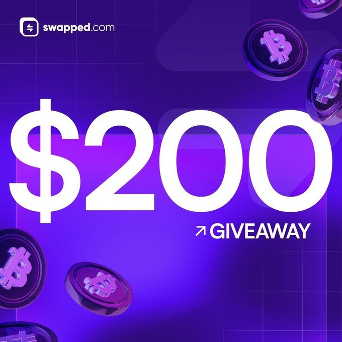 A purple promotional graphic for swapped.com features large bold "$200" text alongside "↗ GIVEAWAY" lettering, decorated with 3D Bitcoin coin illustrations floating around the design. The image visually announces the "$200 Crypto Giveaway" mentioned in the accompanying post, which directs users to follow @swappedcom and @vloot_io for a chance to win.