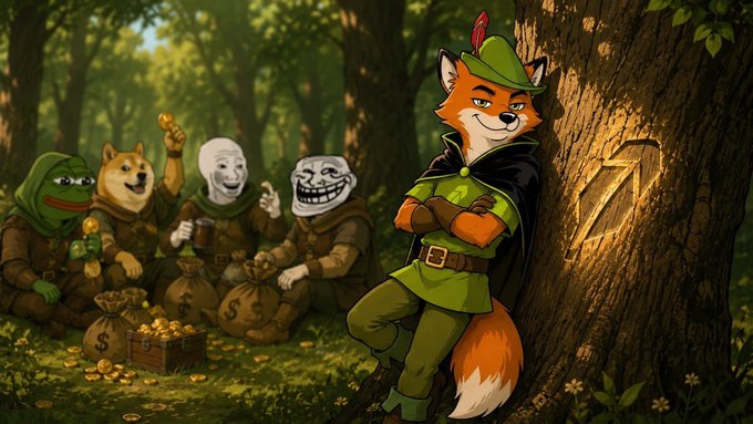 A dapper fox in a Robin Hood-style outfit leans confidently against a tree in a forest, while behind him, a group of meme characters (including Pepe, Doge, Wojak, and Trollface) gather around bags of gold coins. The image visually represents the post's message about the $FOX community as a meme-driven network, with the fox as the mascot rallying its meme allies amid a market correction linked to $CASHCAT.