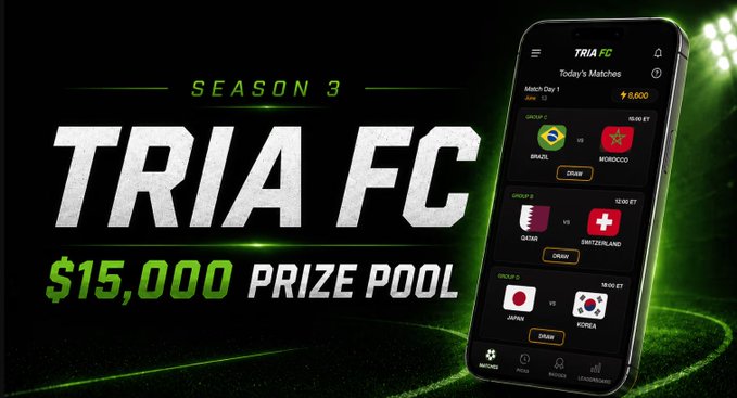 "Tria Fc" is displayed above a black phone screen that has "Season 3" written on its top right corner. The main focus of the image seems to be on the content displayed at the bottom, which appears to be related to Trivia FC's rewards system and the prize pool for this season.