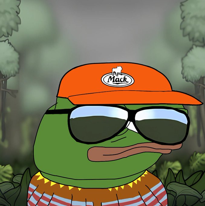 A cartoon Pepe the Frog character wearing sunglasses, an orange 'Mack' truck-branded cap, and a brown sweater, standing in a forest setting.
