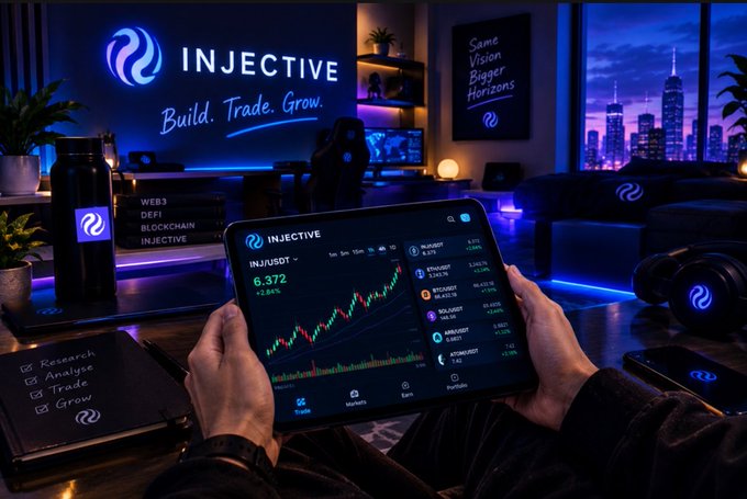 A futuristic room scene with "INJECTIVE" branding and the slogan "Build. Trade. Grow.", featuring a person using a tablet displaying a trading chart for "INJ/USDT".