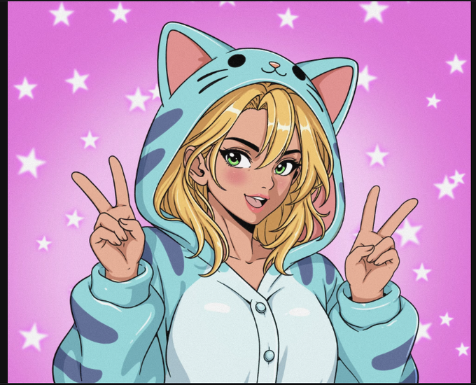 An anime-style illustration features a blonde girl in a blue cat-eared hoodie flashing peace signs with both hands against a pink starry background.