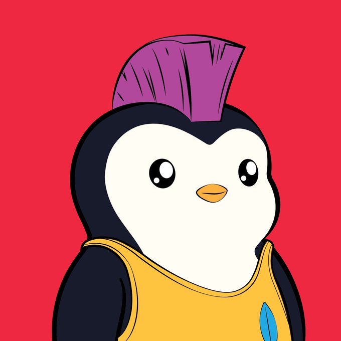 A cartoon penguin with a purple mohawk and a yellow tank top stands against a red background.