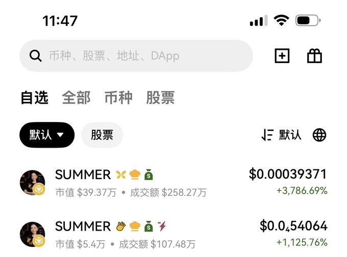 A mobile app screenshot in Chinese showing a list of meme tokens named "SUMMER" with significant gains, including one priced at $0.00039371 (+3,786.69%) and another at $0.054064 (+1,125.76%).