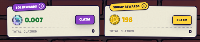 A rewards interface showing 'SOL REWARDS' of 0.007 and '$DUMP REWARDS' of 198, each with a 'CLAIM' button and a 'TOTAL CLAIMED' counter of 0.