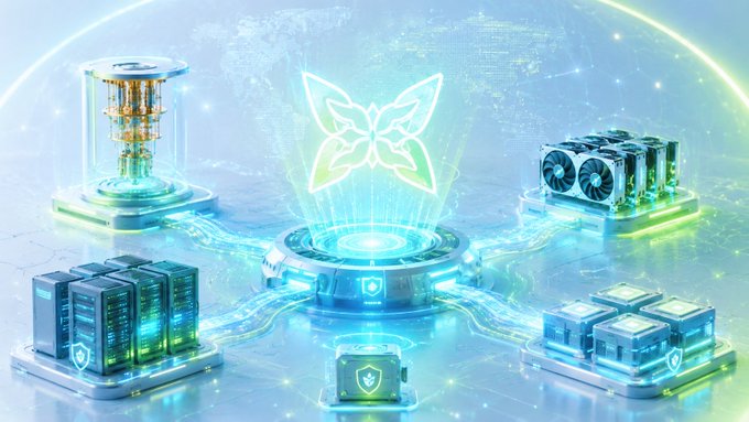 Futuristic tech illustration featuring a glowing green butterfly hologram at the center, surrounded by servers, GPUs, quantum computing equipment, and shield icons, with radiant cyan light rays.