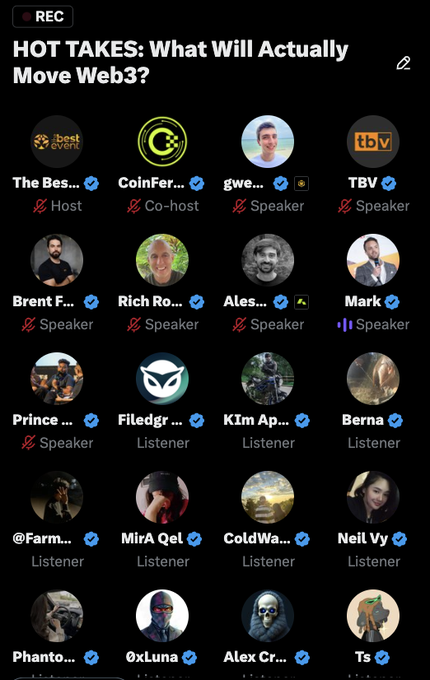 A Twitter/X Spaces live recording titled "HOT TAKES: What Will Actually Move Web3?" featuring a grid of speakers and listeners including The Best Crypto Show as Host, CoinFerenceX as Co-host, and speakers like Gwenole (BNB Chain), TBV, Brent Fulfer, Rich Rosen, Alex, Mark, Prince (CoinFerenceX), and Filedgr, aligning with the post announcing live guests from tbvxyz, CoinFerenceX, and BNBCHAIN.