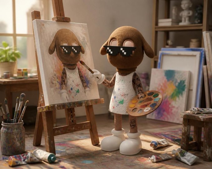 A 3D-rendered plush dog character wearing pixelated sunglasses and a paint-splattered apron paints a self-portrait on an easel in a bright art studio.
