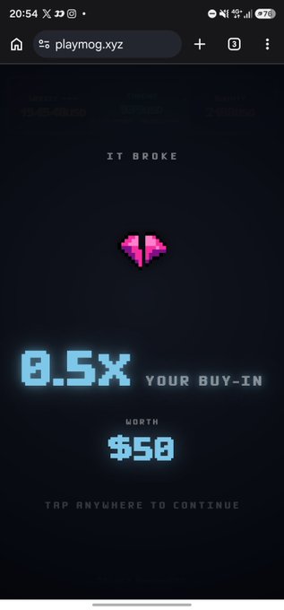 A pixelated mobile game screen on "playmog.xyz" displays "IT BROKE", a broken heart icon, "0.5X YOUR BUY-IN", "WORTH $50", and "TAP ANYWHERE TO CONTINUE".