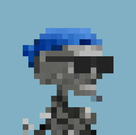 Low-resolution pixelated image of a character wearing a blue cap and tactical gear with night-vision goggles, appearing to be from a retro video game against a light blue background.