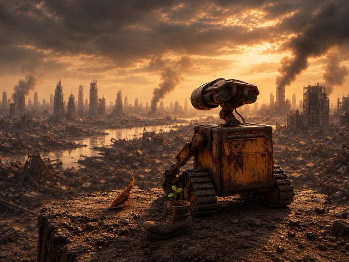 WALL-E, the rusty yellow robot from the Pixar film, stands on a debris-strewn hill overlooking a destroyed, apocalyptic cityscape at sunset, holding a small plant growing from an old boot beside him.
