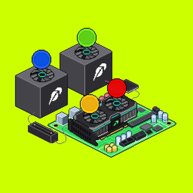 An isometric illustration of computer hardware, including a green motherboard with cooling fans and two gray PC tower cases with upward arrows, decorated with blue, green, red, and yellow spheres representing cryptocurrency tokens. The image reinforces the post's crypto giveaway theme by visually merging computing hardware with colorful coin-like spheres, likely symbolizing Solana ("sol") tokens and decentralized mining.