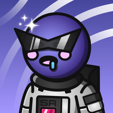 A cartoon SpaceRiders character with a purple helmet and sunglasses is depicted, and the "SR" text is visible on its suit, representing the @SpaceRidersXYZ brand mentioned in the caption.