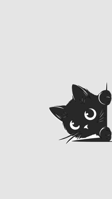 A minimalist black silhouette illustration shows a cartoon cat peeking from the corner of a gray background.