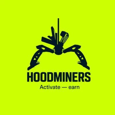 A yellow graphic with a black logo depicting crossed mining tools (pickaxe and hammer) above the text "HOOMINERS" and "Activate — earn".