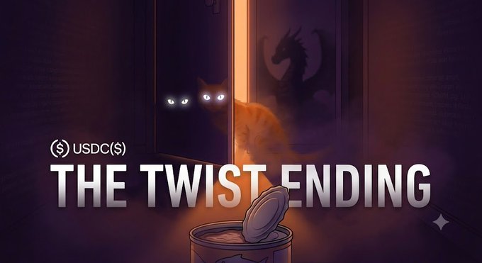 A stylized digital artwork titled 'THE TWIST ENDING' featuring cats in a dark room with USDC cryptocurrency branding.