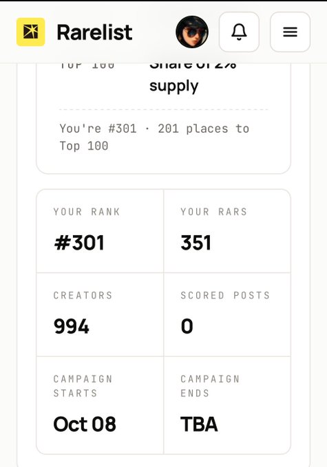 A screenshot of the Rarelist app showing a user's rank of #301 out of 994 creators with 351 RARs, campaign running Oct 08 to TBA.