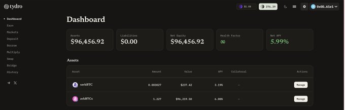 A Tydro dashboard displaying financial metrics including a wallet balance of $96,456.92, net liquidity of $96,456.92, and net APY of 5.99%, with assets listed for satXBTC and satUBTCx.