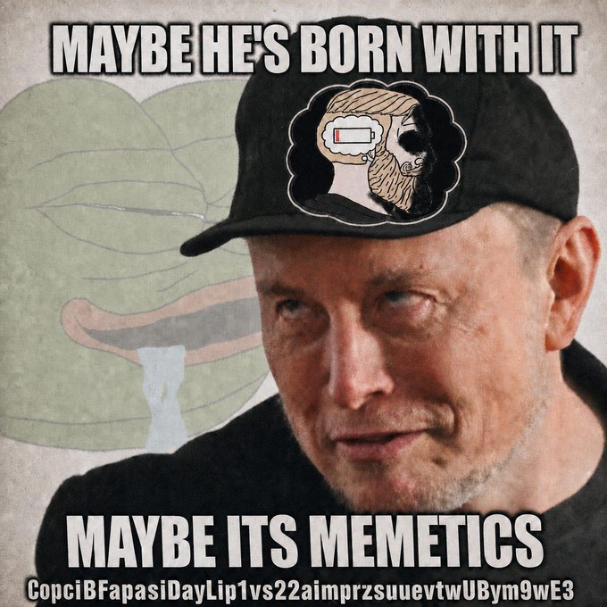 A meme featuring a man wearing a cap with a stylized logo, with text reading 'MAYBE HE'S BORN WITH IT' at the top and 'MAYBE ITS MEMETICS' at the bottom, referencing the Babylon Bee logo faintly in the background.