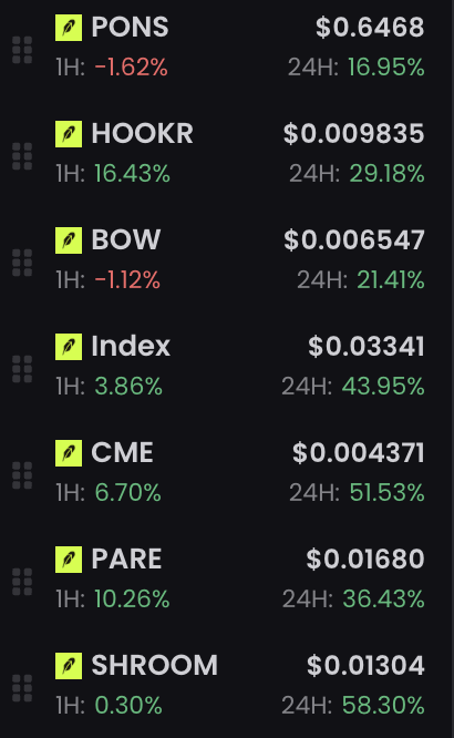 The image displays a cryptocurrency price list featuring tickers PONS ($0.6468, -1.62% 1H), HOOKR ($0.009835, +16.43% 1H), BOW ($0.006547, -1.12% 1H), Index ($0.03341, +43.95% 24H), CME ($0.004371, +51.53% 24H), PARE ($0.01680, +36.43% 24H), and SHROOM ($0.01304, +58.30% 24H), showing strong 24-hour gains across the board. This aligns with the post's claim about a "next 100M runner" on RH (Runechain), suggesting one of these RH ecosystem utility coins could be poised for significant growth.