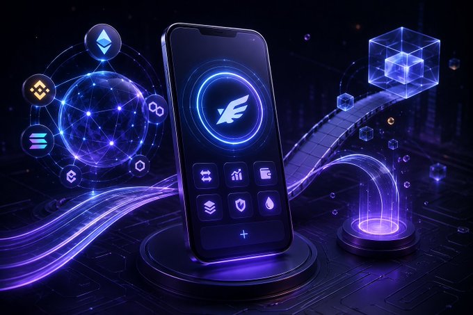 A futuristic digital illustration featuring a smartphone displaying various cryptocurrency app icons, with the Ethereum logo prominently shown, surrounded by floating crypto logos including Ethereum, Solana, and others against a blue neon background.