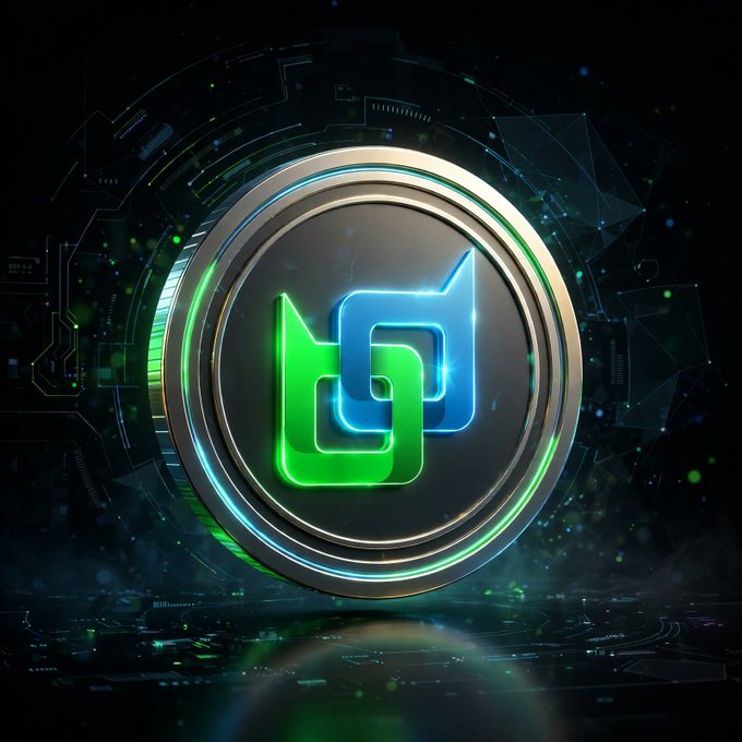 A glowing green and blue stylized logo featuring interlocking shapes, displayed within a metallic circular frame against a dark, tech-themed background.