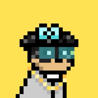 A pixel art character on a solid yellow background, depicting a figure with large blue sunglasses, dark hair, and wearing a white coat with gold accents.