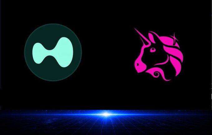 Two stylized logos appear against a black background with a blue grid floor and glowing light effect: a teal circular icon with a white figure-8 shape on the left, and a pink unicorn head design on the right.