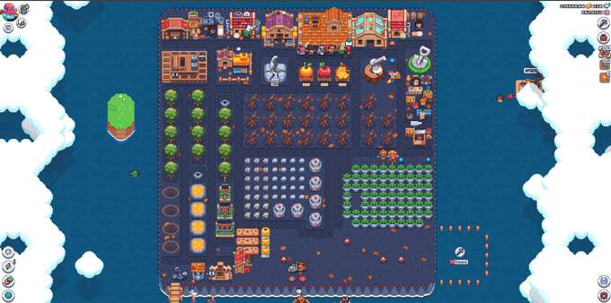 A pixel art video game screenshot showing a top-down view of a farm or settlement with various crops, buildings, and farming structures on a landmass surrounded by water.