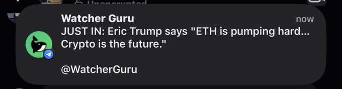 A notification from 'Watcher Guru' that reads: 'JUST IN: Eric Trump says "ETH is pumping hard... Crypto is the future." @WatcherGuru'.