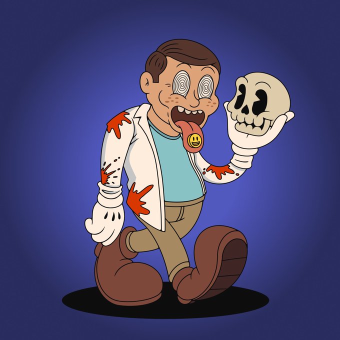 A stylized illustration depicts a cartoon scientist with spirals in his eyes, a lolling tongue bearing a smiley face sticker, and blood-spattered white gloves holding up a grinning skull. This matches the post's reveal of "Mick 'just a scratch,'" the first new character from the Model Citizens series being allocated to the community.