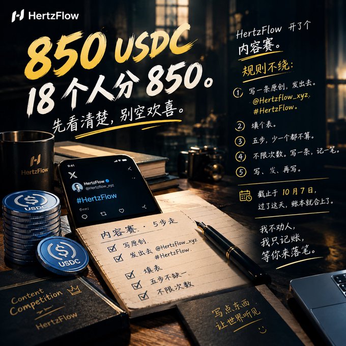 A promotional advertisement for 'HertzFlow' offering 850 USDC split among 18 people for a content competition, showing rules written in Chinese with a phone, coins, and notebook.