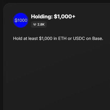 A digital badge shows a "$1000" token icon next to "Holding: $1,000+" with "2.8K" holders, describing the top tier of the Base Discord leaderboard where only 2,800 wallets hold at least $1,000 in ETH or USDC on Base.