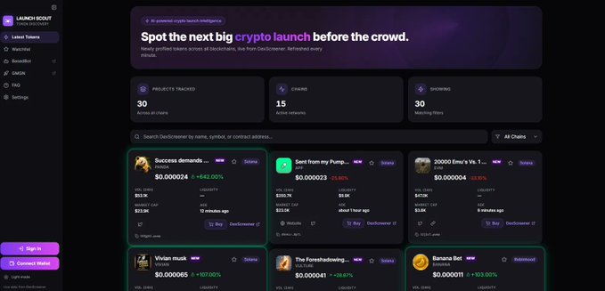 The Launch Scout dashboard displays a real-time cryptocurrency launch tracking interface, showing 30 products tracked across 15 chains with refreshing data. The interface features a list of new tokens including "Success demands," "Sent from my Pump," "20000 Emu's Vs 1..." (showing +63.07%), "Vivian muck," "The Foreshadowing," and "Banana Bot," each displaying volume, market cap, and chain information from DexScreener. This visualization directly supports the post's claim by showcasing the multi-chain tracking capability and the variety of new token launches being monitored in one unified dashboard.