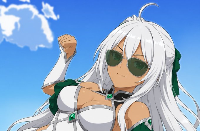 An anime-style illustration of a white-haired character with green-tinted aviator sunglasses and a white outfit with green accents, posing confidently with a raised fist against a bright blue sky.