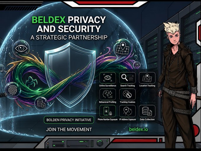 A promotional graphic for "Beldex Privacy and Security: A Strategic Partnership" showcases the Beldex brand alongside a stylized anime character, highlighting features like online surveillance prevention, search and location tracking protection, and data collection safeguards, with a call to "Join the Movement" at beldex.io. The image visually reinforces the post's message about Beldex ($BDX) launching a new bridge to the BNB Smart Chain, emphasizing enhanced security and privacy in cross-chain transactions.