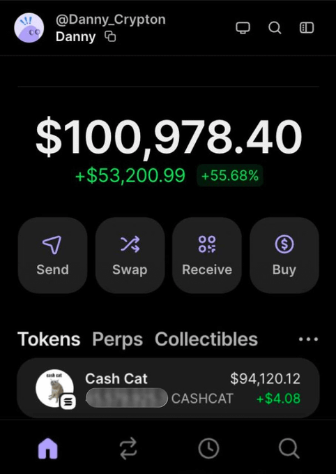 A screenshot of a Phantom crypto wallet belonging to user @Danny_Crypton showing a balance of $100,978.40 with a $53,200.99 (+55.68%) gain, prominently displaying a "Cash Cat" token ($CASHCAT) holding valued at $94,120.12, which visually supports the post's claim that $CASHCAT is "crushing it" by showcasing a large position and significant gains.