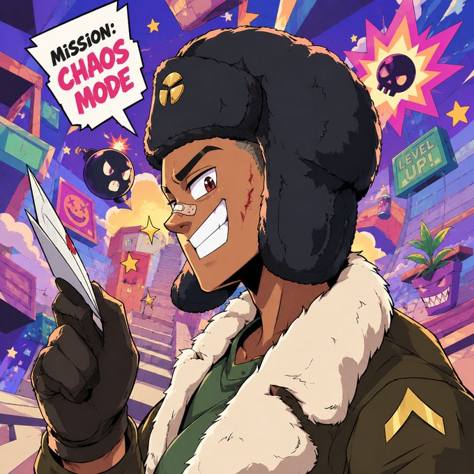 An anime-style illustration of a grinning character wearing a dark fur trapper hat, holding scissors, with speech bubbles reading 'MISSION: CHAOS MODE' and a 'LEVEL UP!!' sign in the vibrant background.