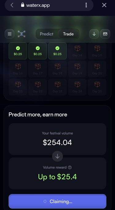 Screenshot of the WaterX.app claiming page showing $254.04 in festival volume eligible for up to $25.4 in rewards, but the "Claiming..." button has been stuck for hours—matching the user's frustration over delayed $SUI dust rewards.