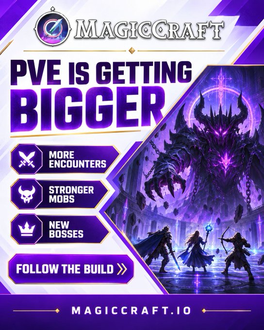 A promotional graphic for the game MagicCraft announcing that PvE is getting bigger, featuring features like 'More Encounters,' 'Stronger Mobs,' and 'New Bosses' alongside an illustration of heroes facing a large demonic boss, with the URL MAGICCRAFT.IO displayed at the bottom.