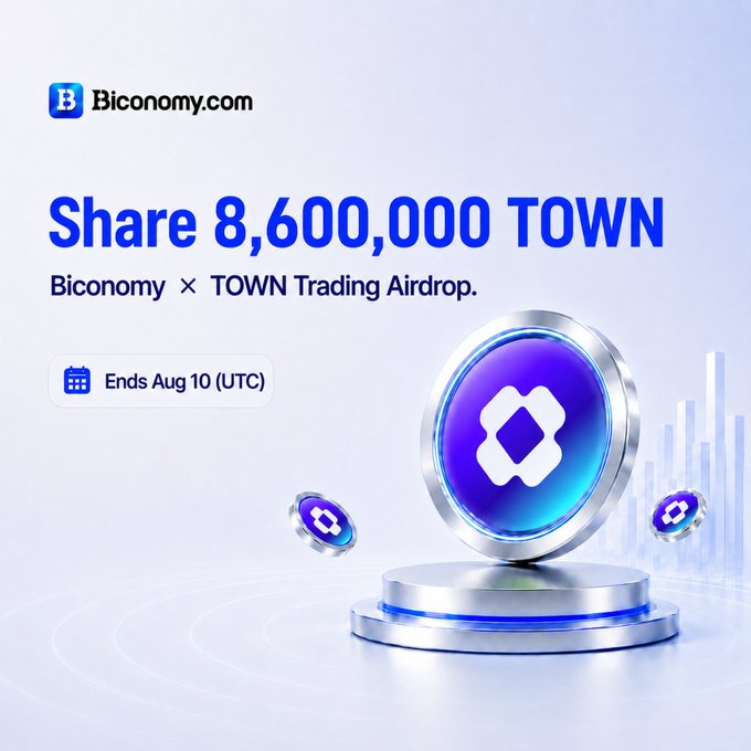 The image is a promotional graphic for Biconomy.com's "Share 8,600,000 TOWN" airdrop campaign with TOWN Trading, featuring the text "Biconomy × TOWN Trading Airdrop," an end date of "Aug 10 (UTC)," and 3D-rendered purple TOWN token coins displayed on a pedestal.