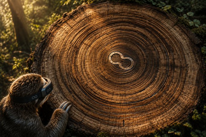 A small brown bear wearing a VR-style headset peers at the intricate growth rings of a large tree stump illuminated by sunlight, with a small figure-eight symbol visible at its center.