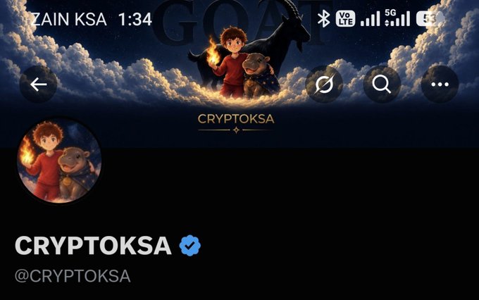 The image shows a Twitter/X profile for "CRYPTOKSA" (@CRYPTOKSA) with a blue verified checkmark, featuring cartoon-style artwork of a boy with a torch alongside a hippo (Moo Deng) and a goat, set against a cloudy night sky header. The caption "What do you think?! The account picture and header are all in Moo Deng's identity" aligns with the image, as the profile clearly incorporates Moo Deng the hippo as a central character alongside the boy figure in both the profile picture and header artwork.