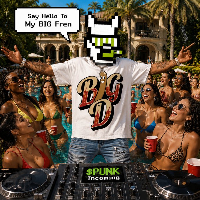 A meme-style collage image of a figure wearing a t-shirt with a cartoon logo, a pixelated face, and a '$PUNK Incoming' label, surrounded by women in swimwear at a pool party with a speech bubble reading 'Say Hello To My BIG Fren'.