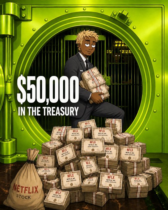 An illustrated promotional image showing a blond man in a suit stepping out of a green vault while carrying stacks of cash labeled 'NFLX', with text reading '$50,000 IN THE TREASURY' and a money bag labeled 'NETFLIX STOCK'.