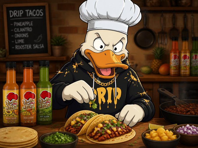 A cartoon illustration shows an angry duck chef in a 'DRIP' hoodie preparing tacos, with hot sauce bottles in front of a 'DRIP TACOS' menu listing pineapple, cilantro, onions, lime, and rooster salsa.