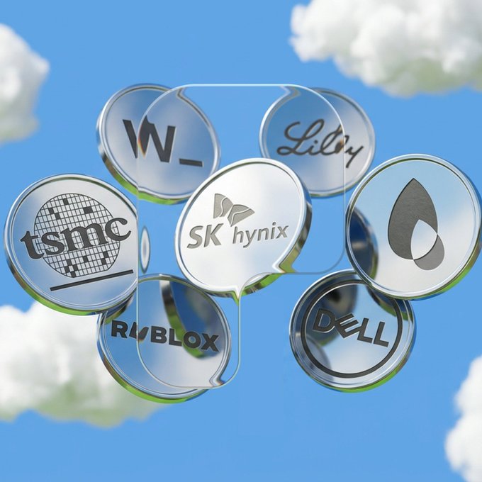 A cluster of shiny, transparent circular tokens floats against a blue sky with white clouds, each displaying the logo of a featured company: West Pharmaceutical (W_), Lilly, TSMC, SK hynix, Roblox, and Dell. The image visually represents the launch of new stock tokens on Pons, matching the post's announcement of available pairings with $LLY, $WYFI, $TSM, $RBLX, $SKYHY, and $DELL.