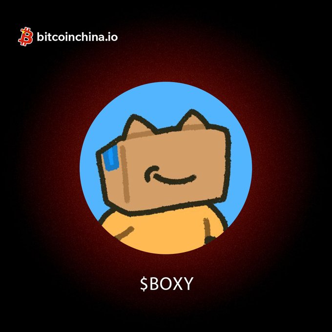 A circular blue logo features a smiling cartoon cat character with a cardboard box for a head, labeled "$BOXY" below. The top-left corner displays the "bitcoinchina.io" branding with a Bitcoin symbol, promoting the new "$BOXY/ETH" trading pair listing.