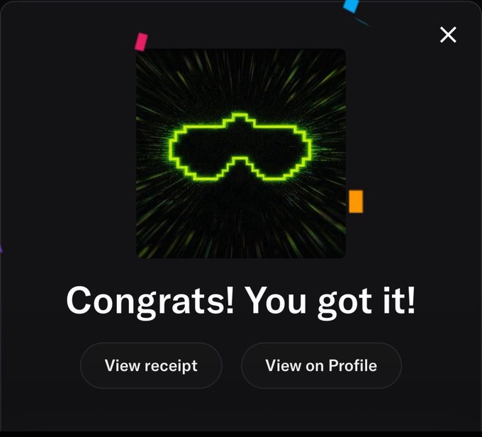 A 'Congrats! You got it!' screen showing a pixelated green Batman logo on a dark background with confetti, and buttons to 'View receipt' and 'View on Profile'.